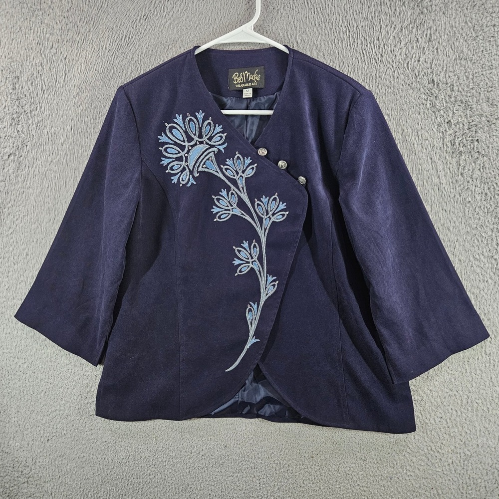 Bob Mackie Wearable Art Navy Blue Floral Embroidered Asymmetrical Blazer M